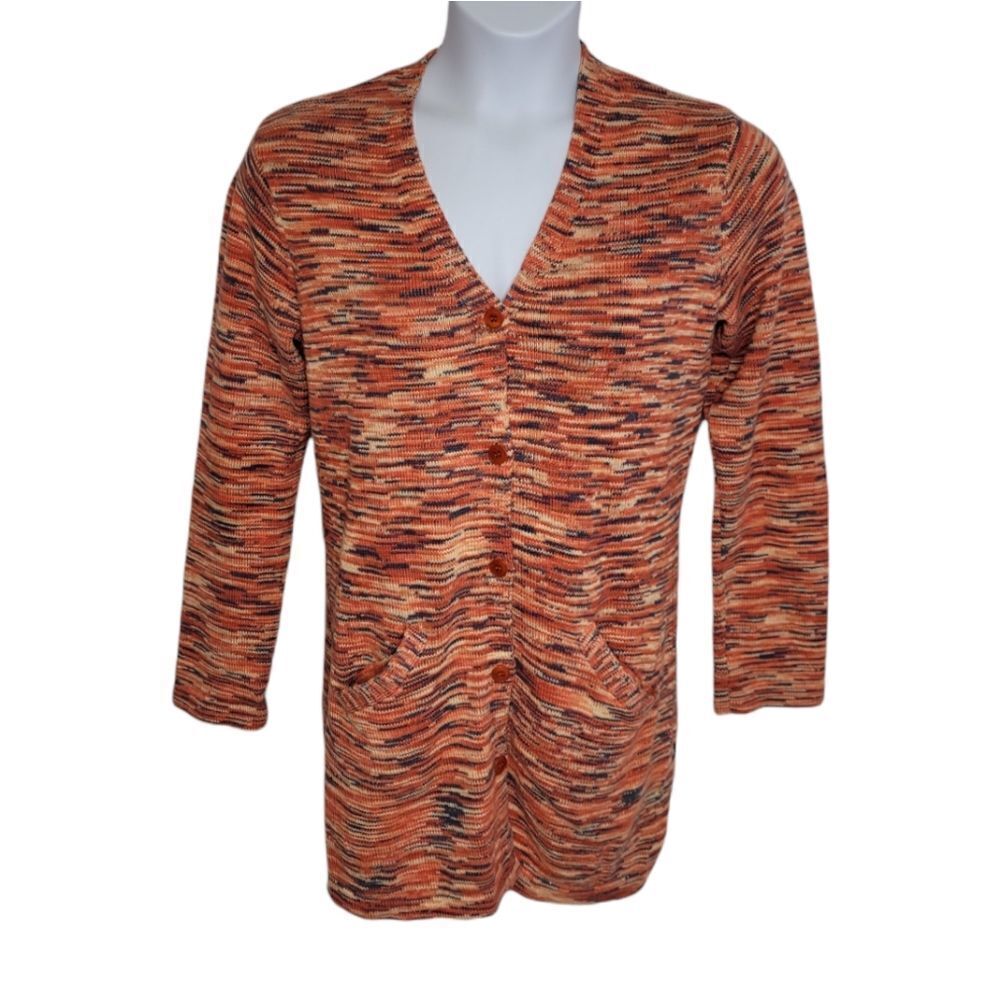 VINTAGE 90s cardigan orange spacedye‎ long cotton sweater with pockets M